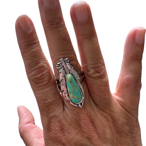 Silver and Turquoise Native American Style Feather Ring - Picture 2 of 5